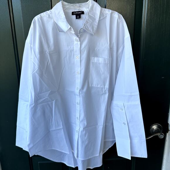 NEW Studio Park x Amy Stran QVC Modern Button Front Shirt WHITE M Office Casual - Picture 2 of 8